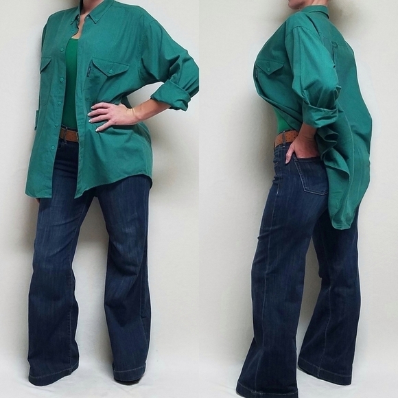 VINTAGE 1970s Levi's Big E Green Gray Striped Western Button Down Collared Shirt - Picture 1 of 13
